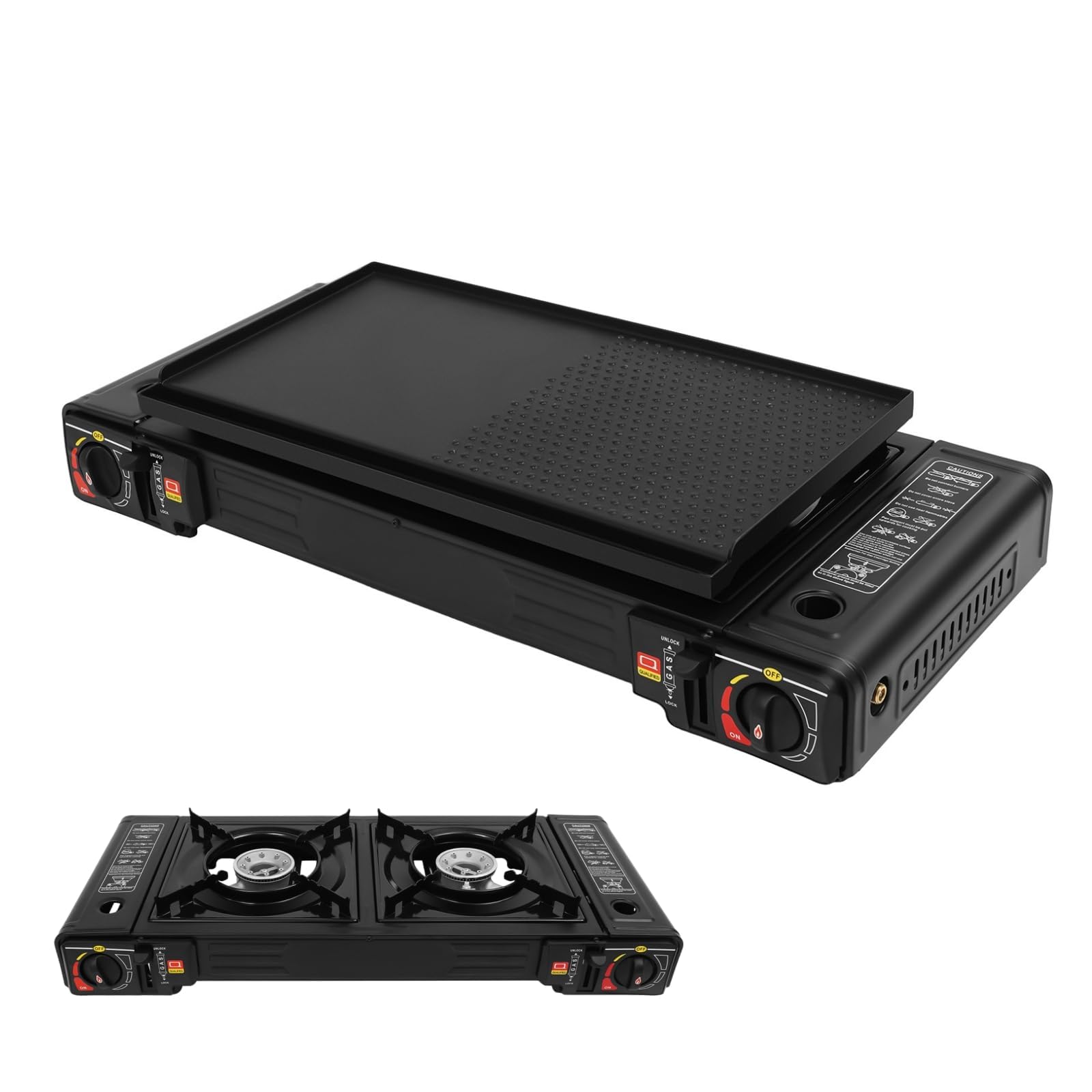 Camping Gaskocher 2-Flammig mit Grillplatte & Tragetasche, 2×2500W Gas Campingkocher 2 Flammig, Tragbarer Gasherd Camping, Überdruckschutz, Gaskocher für Töpfe bis 34cm