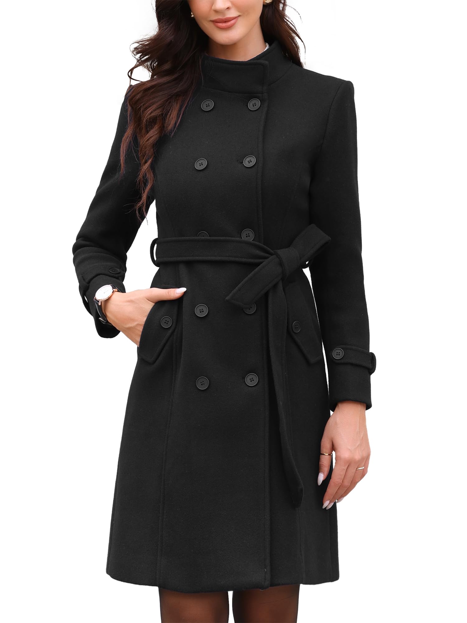 Allegra K Pea Coats for Women Stand Collar Double Breasted Trench Peacoat Long Winter Coat with Belt 2025