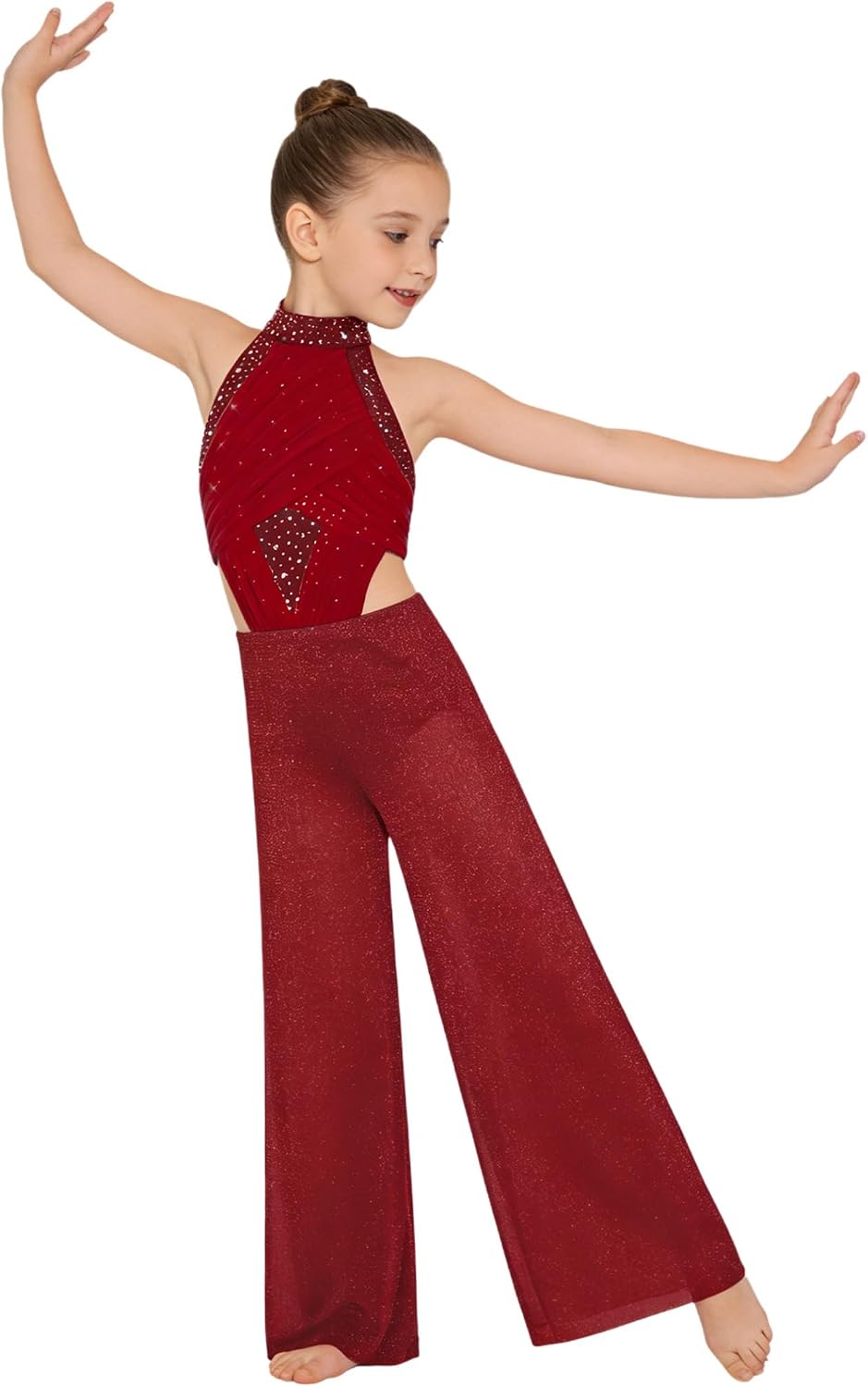 Kids Girls Wide Leg Jumpsuit Pants Sleeveless Halter Rhinestone Lyrical Dance Dress Ballet Leotard Unitard