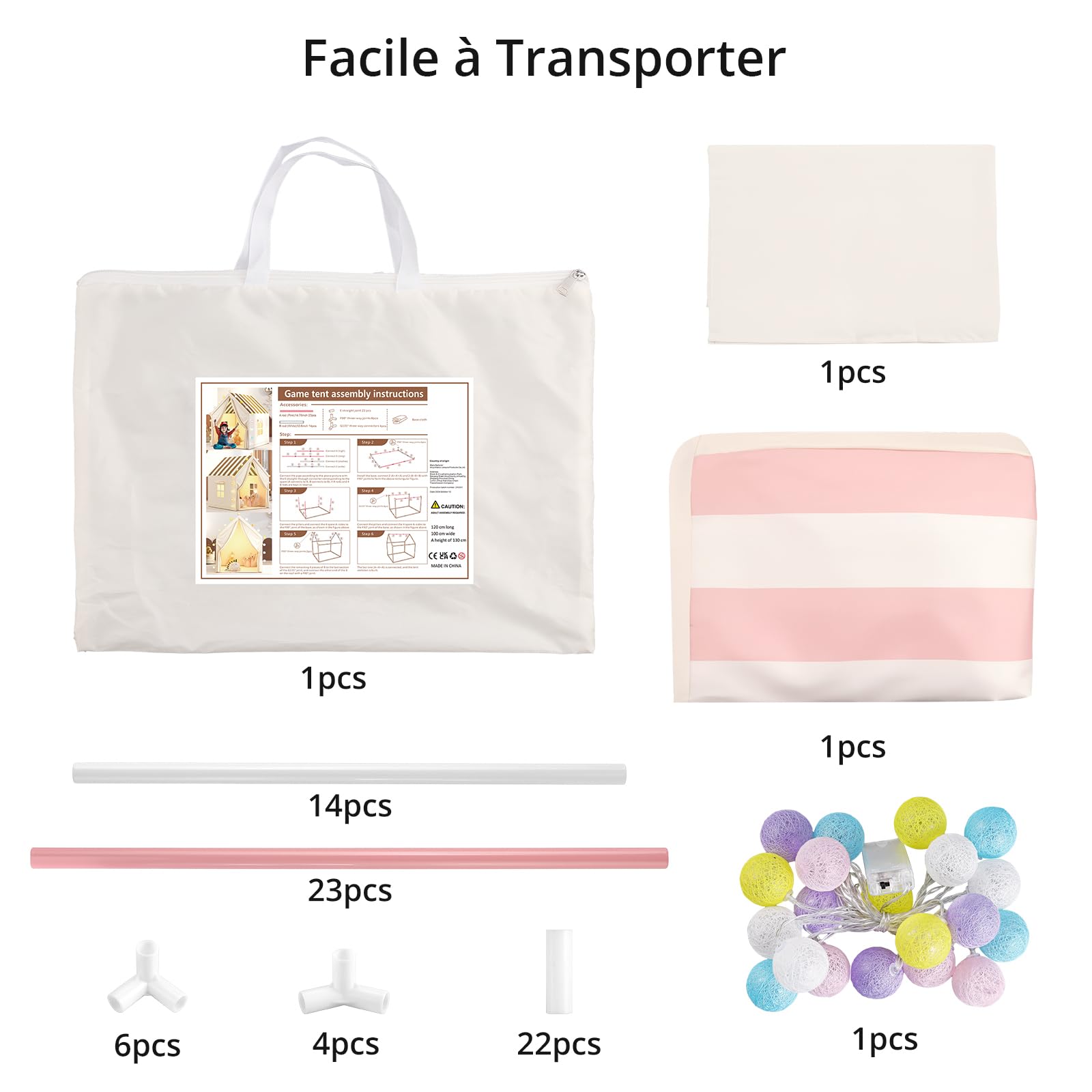 Anbte Tente de Jeu pour Enfants, Rayure Rose, pour Tout-Petits dès 3 Ans | Spacieuse et Portable, Montage Facile, Maison de Jeu Filles et Garçons Intérieur et Extérieur, avec Lumière