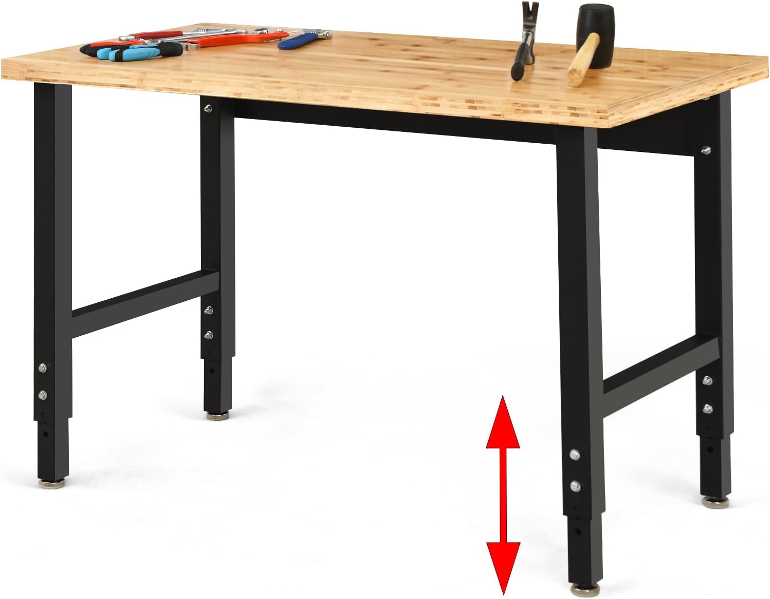 ERGOMASTER 48” Adjustable Work Bench, Heavy Duty Workbench for Garage, Bamboo Top Work Table, 1500 LBS Load Capacity & 15 Height Settings, for Workshop Home Office