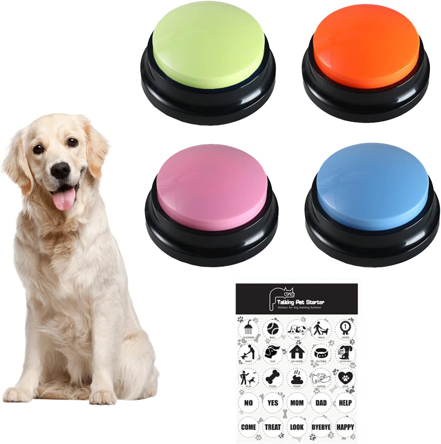 HGUIM 4 Packs Dogs Voice Recording Buttons for Communication Dog Voice Command Buttons with Sticker Cat Training Buttons Pet Training Buzzer for Communication, black,Multicolor