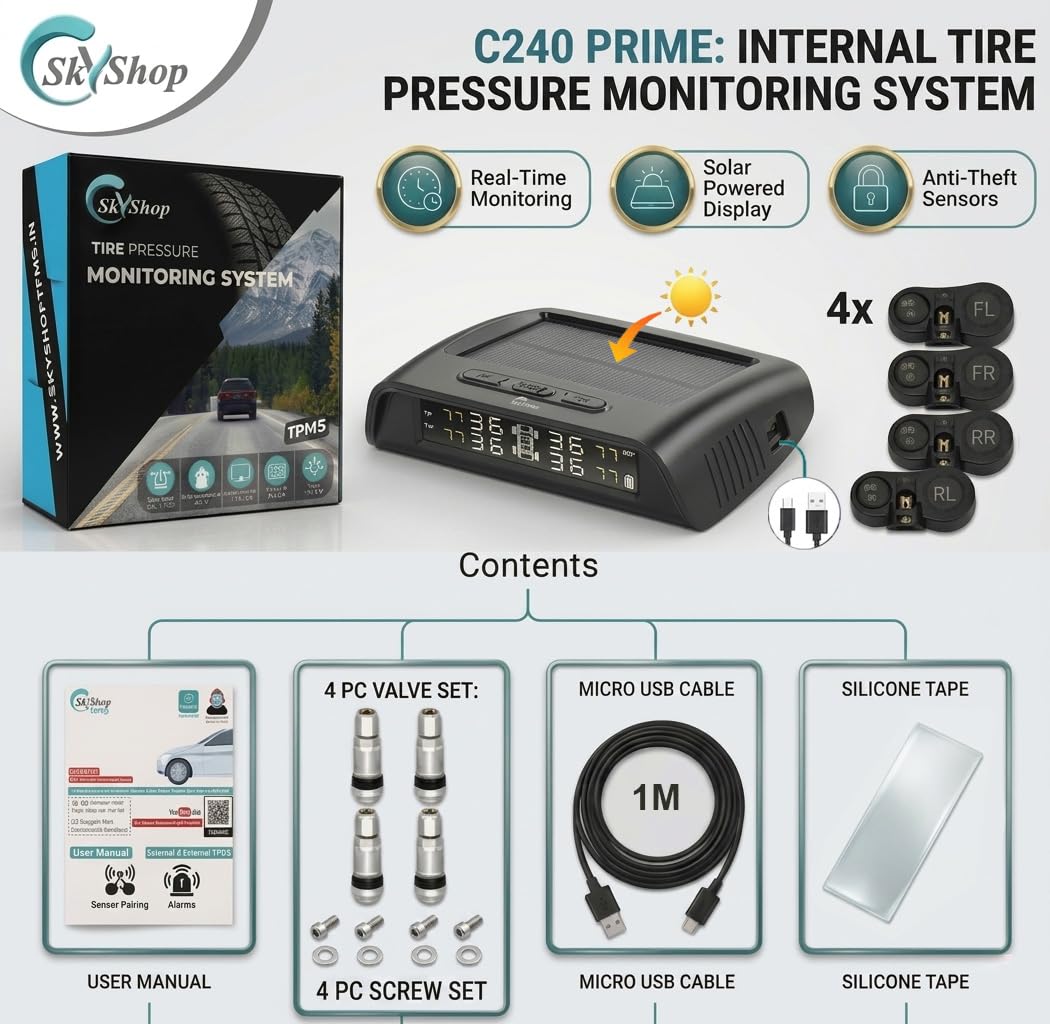 Skyshop® C240 Prime Solar TPMS Car Tyre Pressure Monitoring System with Voice Alert | German Chip High Accuracy | 4 High-Precision Internal Sensors | Real-Time Pressure & Temperature for Cars & SUVs 1