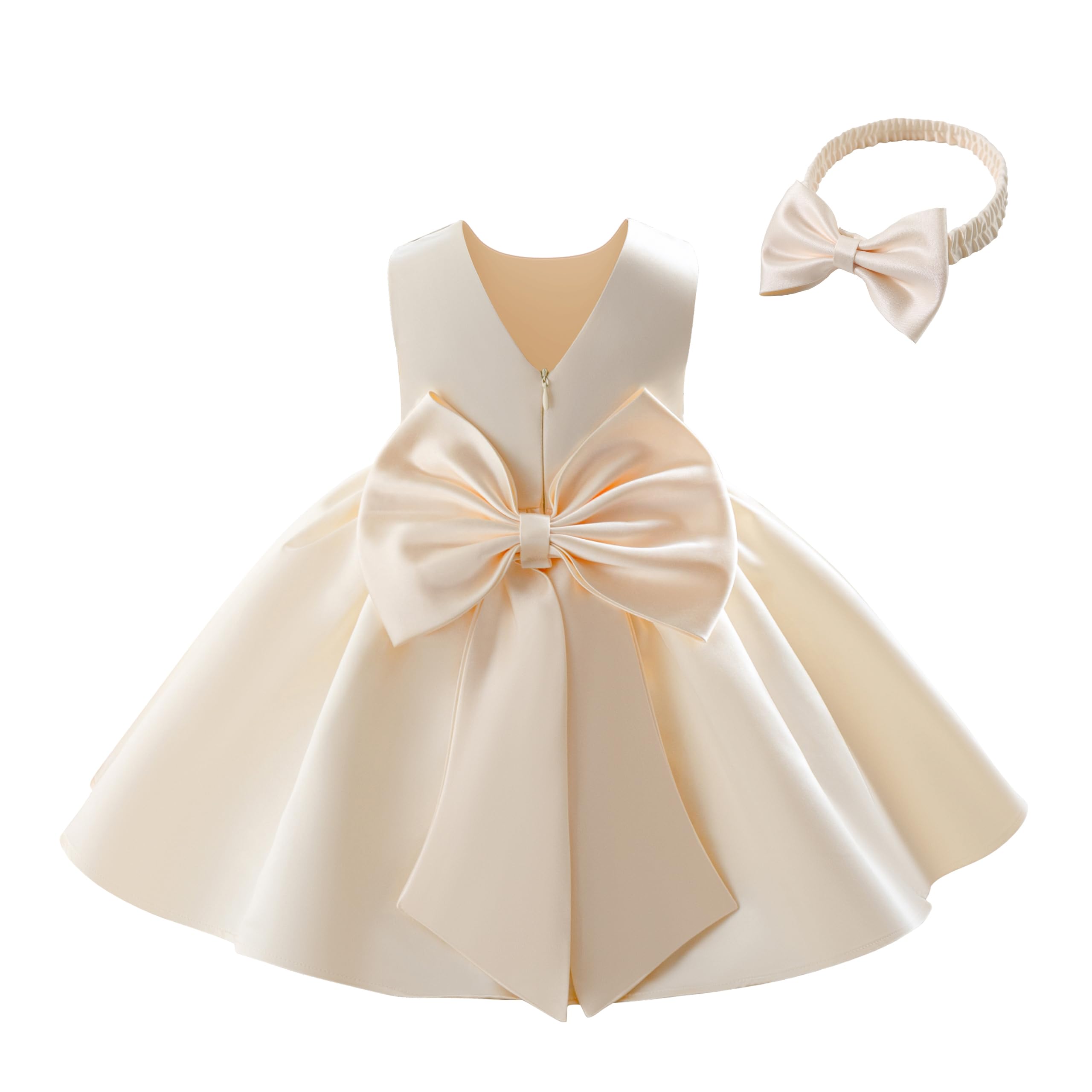 Miipat Robe pour Bébé Fille Satiné Robe Demoiselle d'honneur Bowknot Ligne A V-arrière Baptême Mariage de Soirée Anniversaire Fête Communion Robes pour Enfants de 6 Mois à 4 Ans