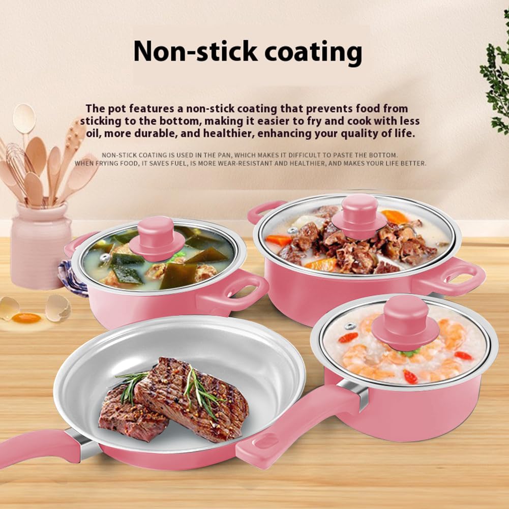 Juego de 12 utensilios de cocina antiadherentes con tapa para todo tipo de fuegos (rosa)