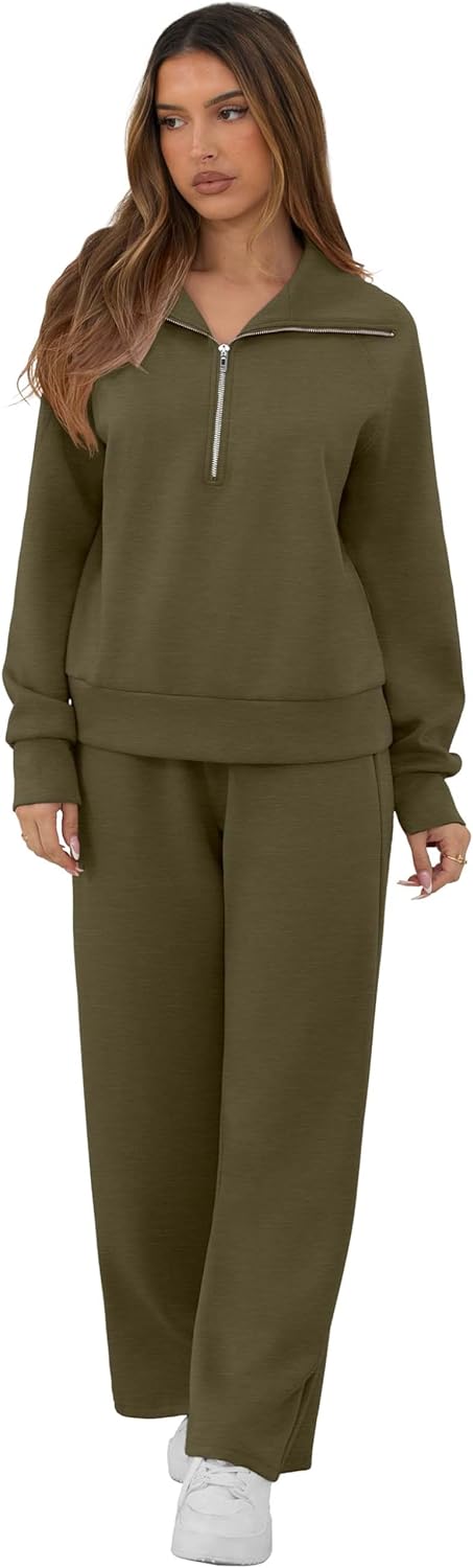 GRECERELLE Lounge Sets For Women 2026 Casual Lapel Half Zip Sweatshirt And Wide Leg Sweatpant 2 Piece Outfits Tracksuit Sets - Image 5