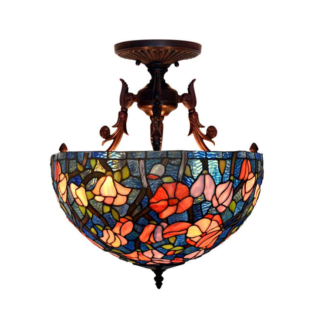 HJRegaFimu 16 Inch Pastoral Ceiling Fixture Lamp Morning Glory Stained Glass Shade E27 3 Lights Vintage For Kitchen (a)
