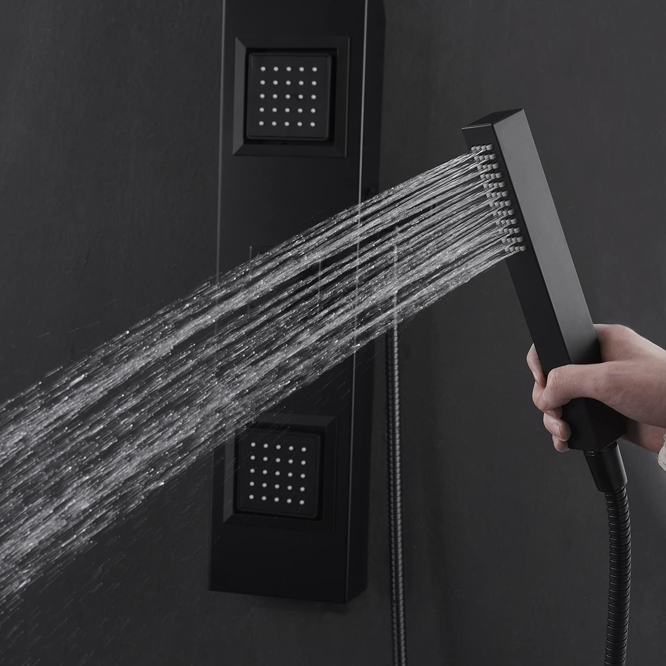 ANZZI Aura 2Jetted Shower Panel with Heavy Rain Shower & Spray Wand in Matte Black Waterfall
