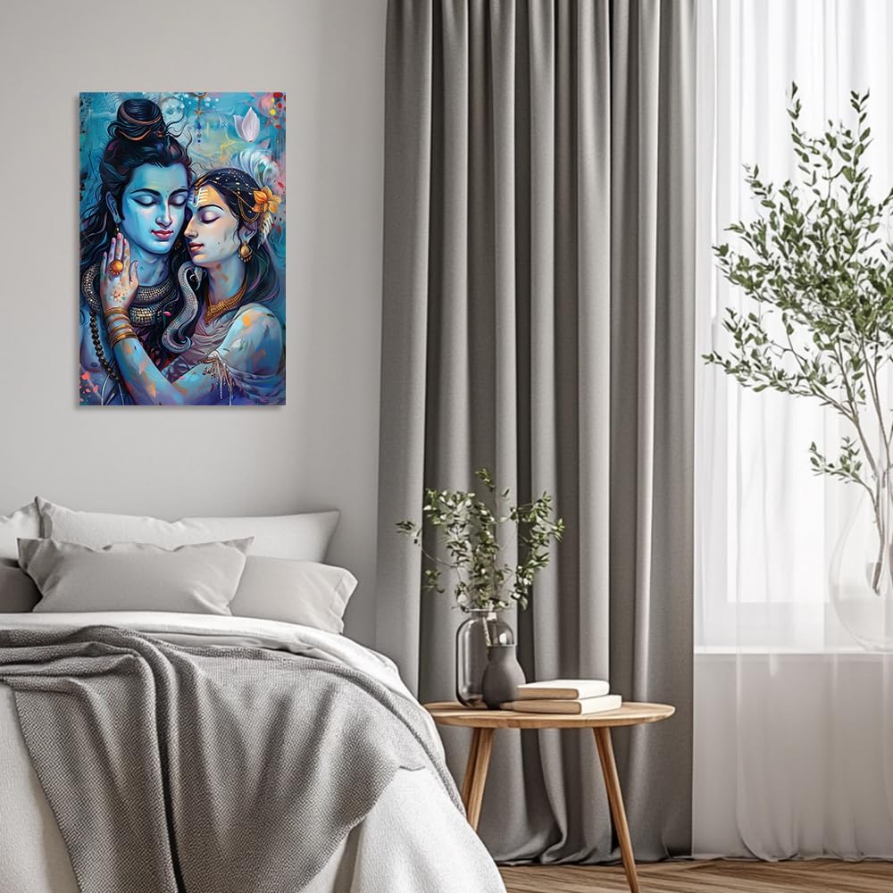 ANCROUTERY Shiva and Parvati Wall Art Hindu Gods Canvas Painting Ganesha God Poster Print for Living Room Bedroom Office Wall Decor Framed 12"x18"