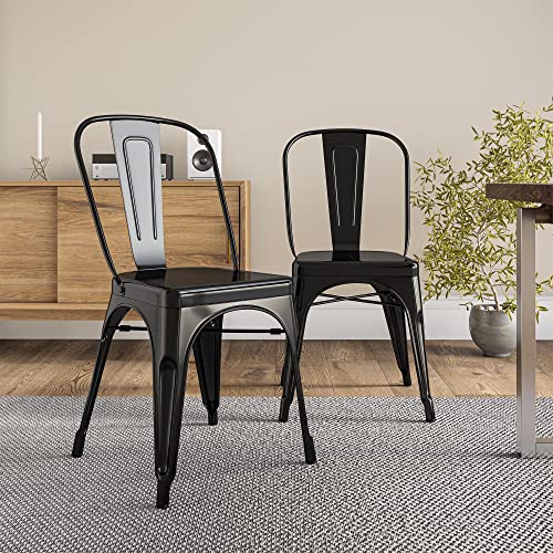 Belleze Metal Dining Chairs Set Of 4, Stackable Metal Chairs Industrial Vintage Farmhouse Chairs With Detachable Backrest, Weather Resistant Tolix Chair For Indoor Outdoor - Alexander (Black) #TOP1
