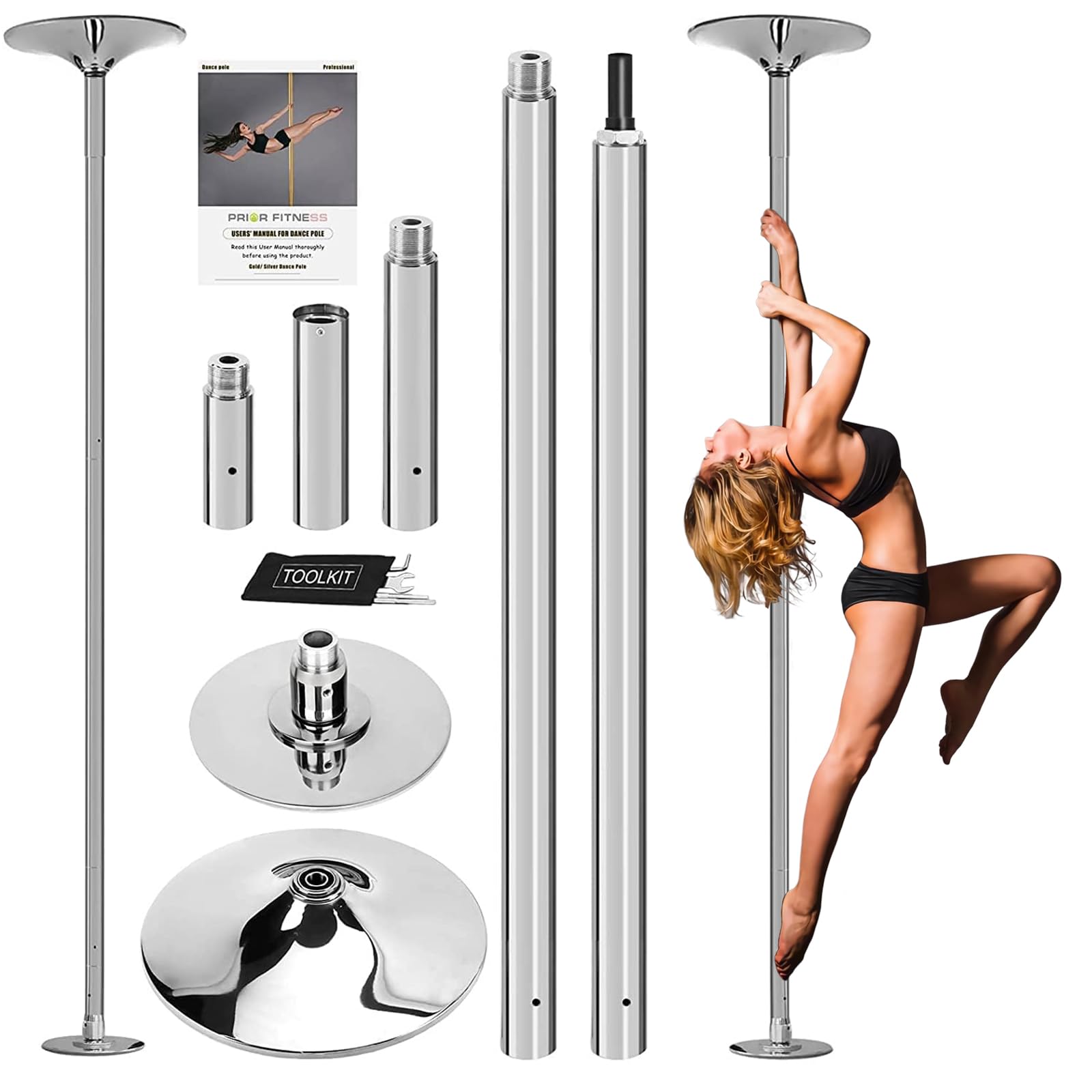 PRIOR FITNESS Pole Dance Stange 45mm,CE-Zertifiziert,Pole Dance Ausrüstung | Pole Dance Stange (2,2-2,7m), 200kg. Pole Dancing Equipment für Spin & Static. Abnehmbare Pole Stange für Home, Studio & Club