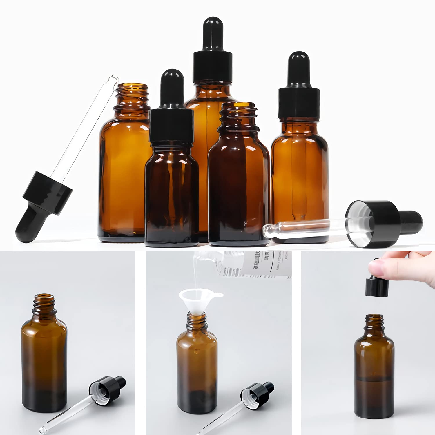 24 Pieza, Vacío 50ml Marrón Ámbar Botellas de Botellas de Cuentagotas Cristal, con anillo de negro y pipeta, para Aceite Esencial, Masaje,Fragancia, Aromaterapia, Laboratorio