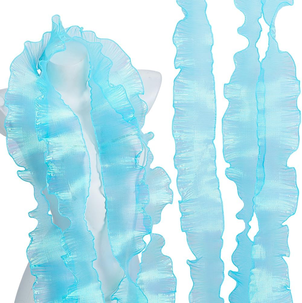 AHANDMAKER 11 Yards Turquoise Blue Ruffle Ribbon Trim Organza Ruffled Fabric 3.5 Inches Wide Vintage Fabric Lace Applique Trimming for Sewing Making Crafts Dress Curtain Wedding Costume