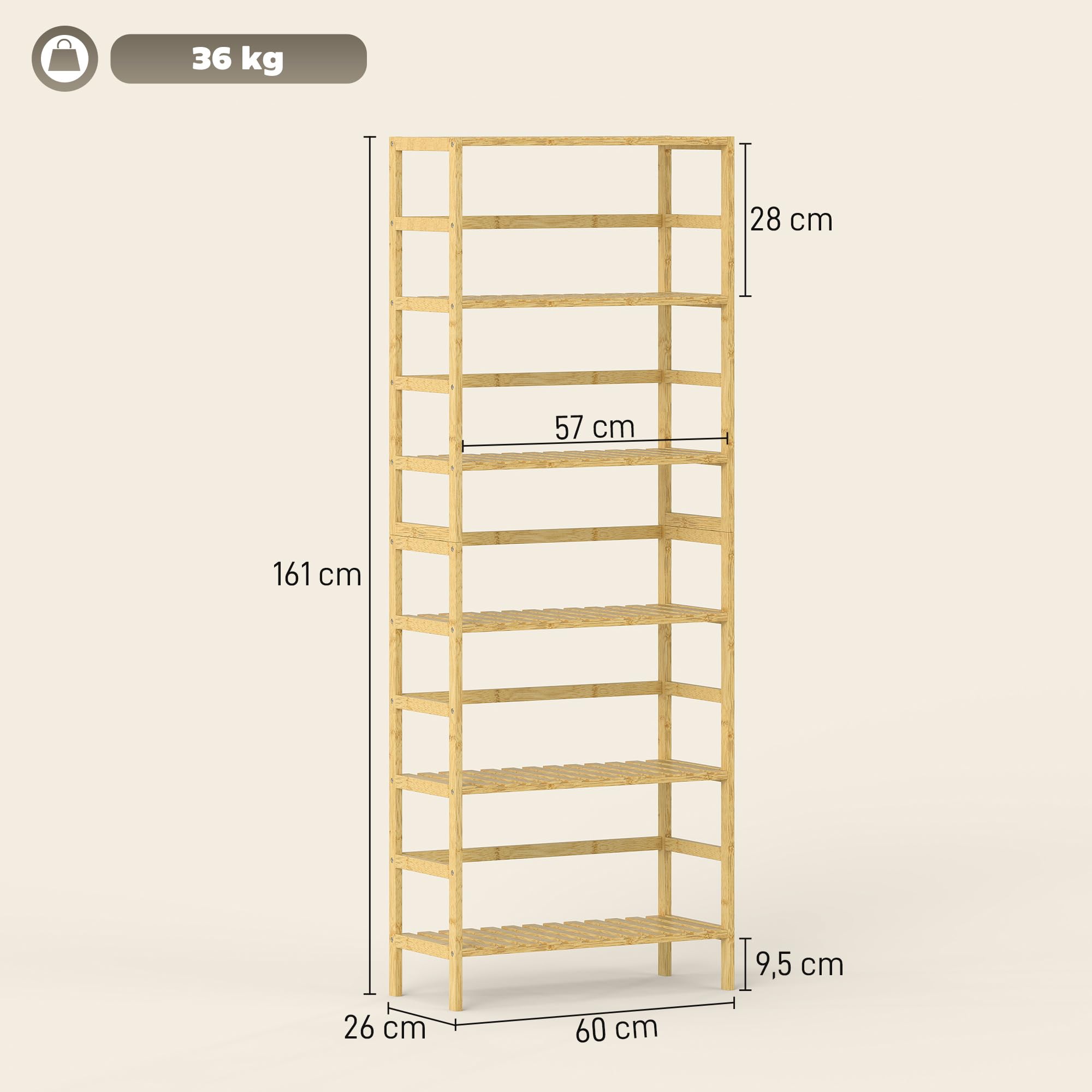 HOMCOM Estantería de Bambú de 6 Niveles Estrecha 60x26x161 cm Natural | Estantería Almacenaje, Estantes Ajustables, Librería para Espacios Pequeños, Baño, Sala de Estar, Cocina
