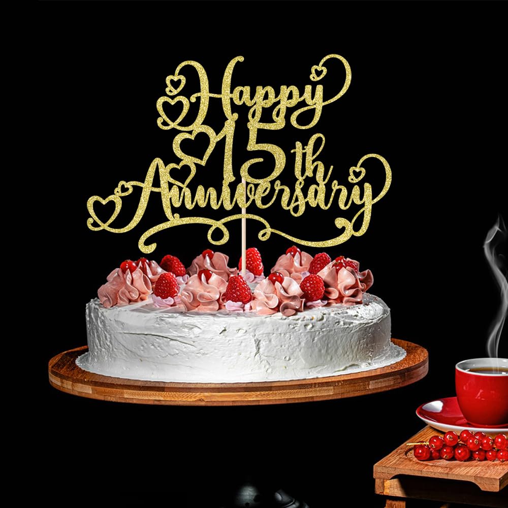 Dxsdgetue Golden Glitter Happy 15th Anniversary Cake Toppers -Wedding Anniversary Party Decorations, 15th Wedding Anniversary, Company Anniversary