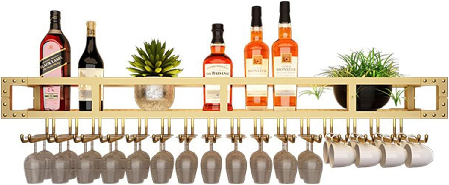 Wall Mounted Wine Rack with Wine Glass Rack Bar Shelves with Wine Glass Holders Hanging Under Shelf Wine Bottle Storage Holder Drinks Cabinet Display Shelf with Light Strip for Home Kitchen Dining Roo
