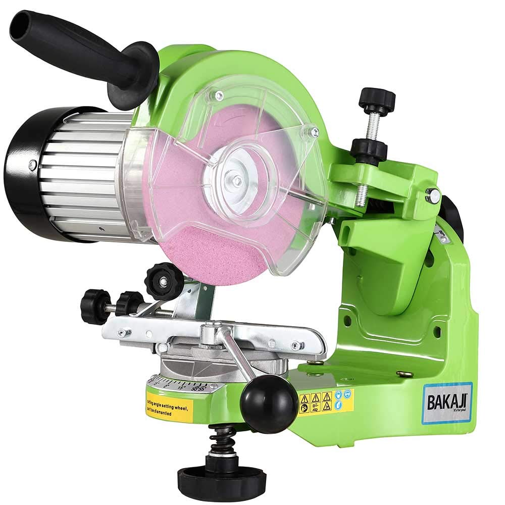 Bakaji - Afilador de cadenas eléctrico de banco para cadena de motosierra, con apriete automático y ángulo de afilado ajustable, potencia 230 W, 3000 rpm, 2 discos 145 mm incluidos