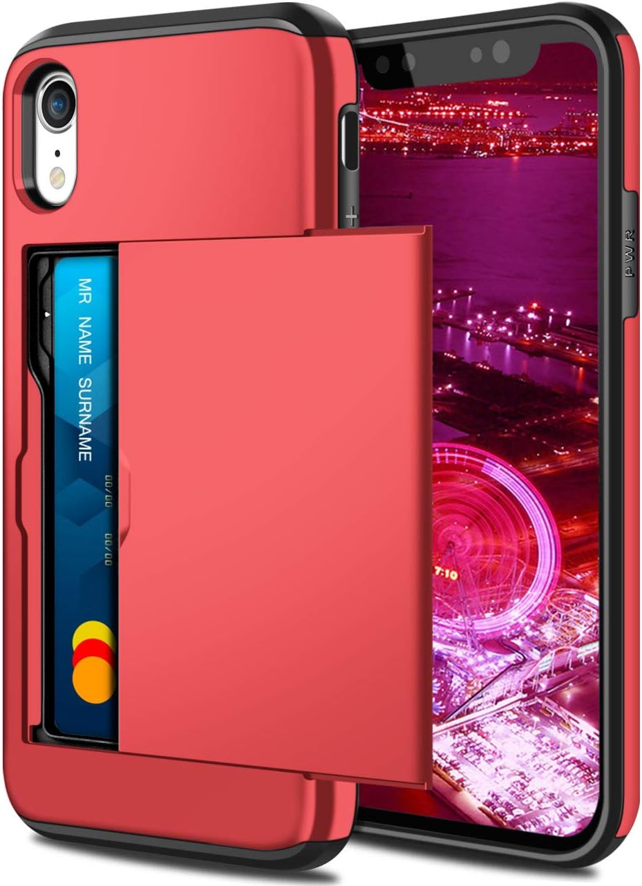 Coolden for iPhone XR Case Wallet Armor Shockproof Heavy Duty Hard Back Soft Rubber Bumper Protective Phone Cases Card Holder Slot Wallet Case Cover for iPhone XR 6.1 inch (Red)