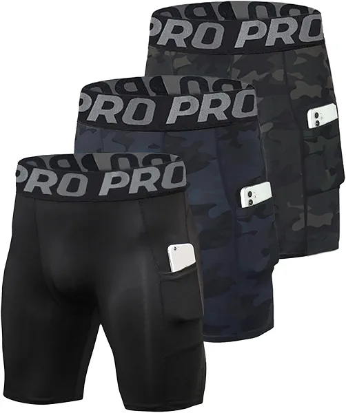 Men's Compression Shorts with Pocket Baseball Athletic Gym Yoga Shorts Cool Dry Running Workout Underwear Pack