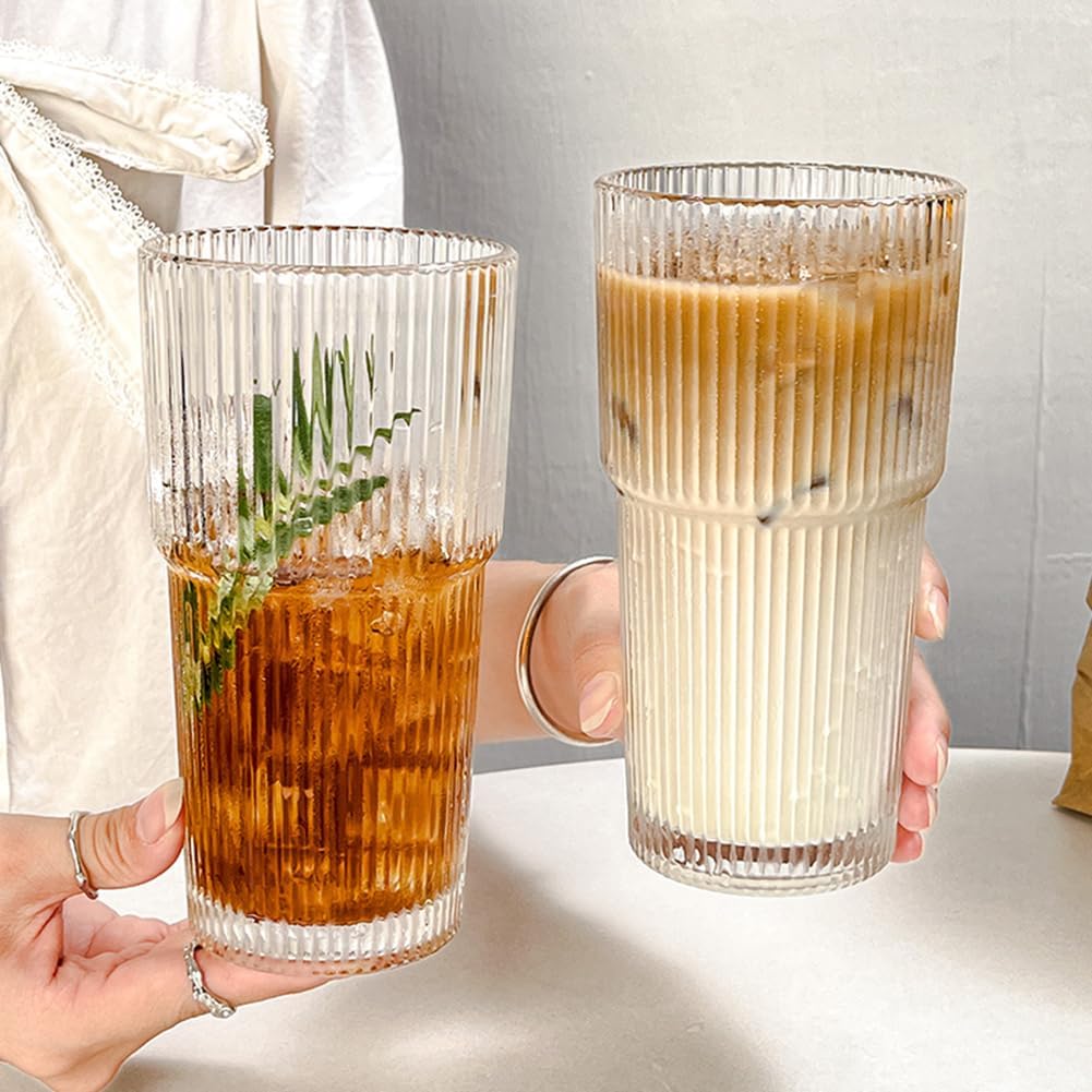 TUZAZO 20 Oz Glass Tumblers with Lids and Straws - 4 Pack Ribbed Glass Iced Coffee Cup with Straw and Lid, Thicken Glasses, Ideal for Smoothieds, Cocktails, and Juices - Image 5