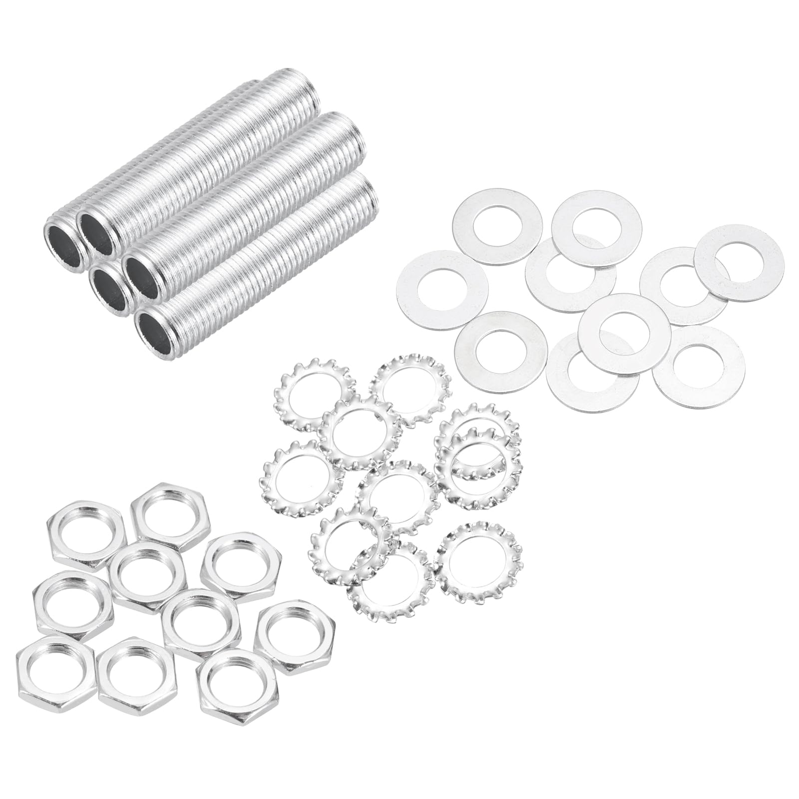 sourcing map 35Pcs 2.2" Lamp Pipe Nipples Kit with Hex Nuts Washers, 1/4IP All Threaded 1/2" Outer Diameter Lamp Rod Hollow Tube Fasteners for Lamp Assembly Chandelier DIY Repair, Silver