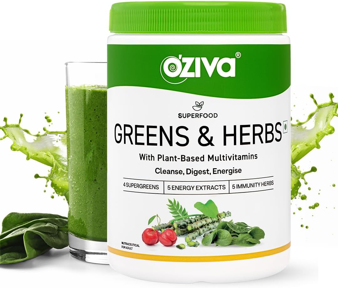 OZivaSuperfood Greens & Herbs, 250G For Better Metabolism, Detox & Digestion, Brain & Heart Health (Greens Supplement With 35+ Superfoods, Greens And Herbs, Chlorella & Moringa) Certified Vegan