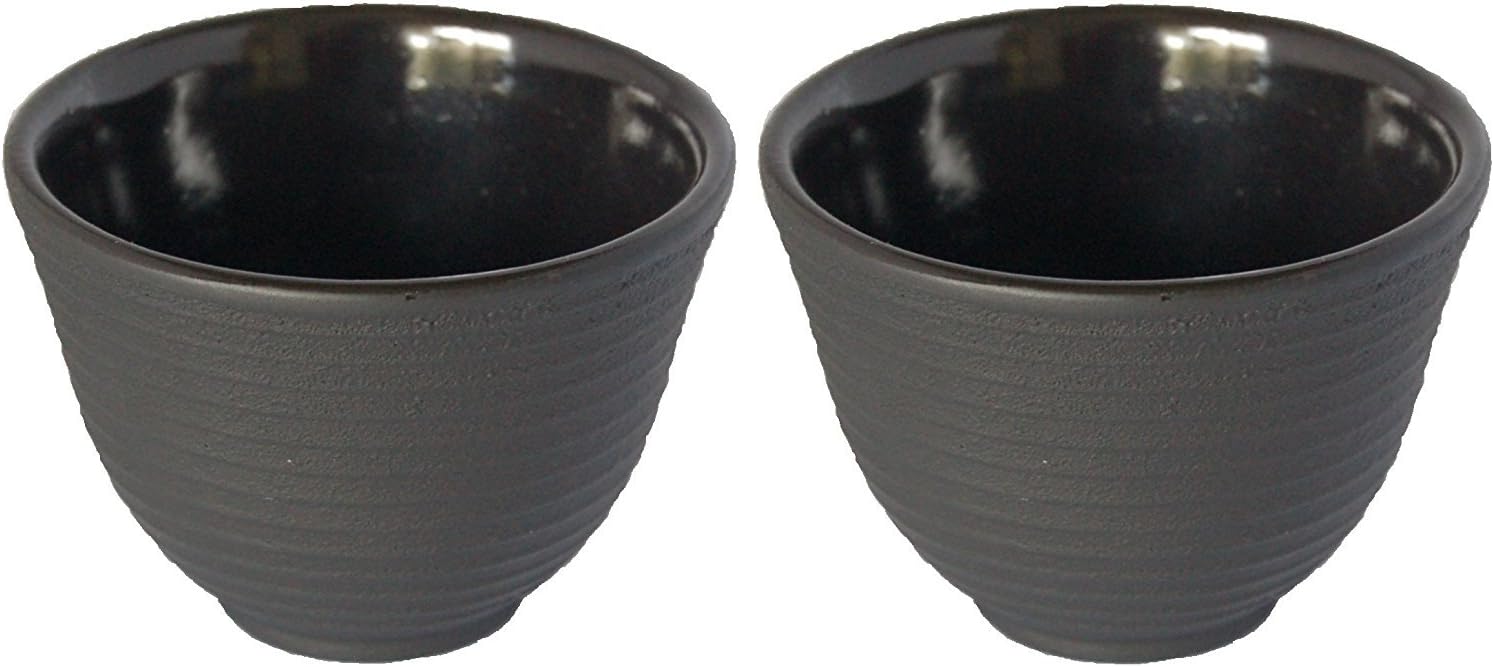 Cast Iron Cup Teacup - Zen Shogun Mochi Tetsubin Lines Black - 2 pack