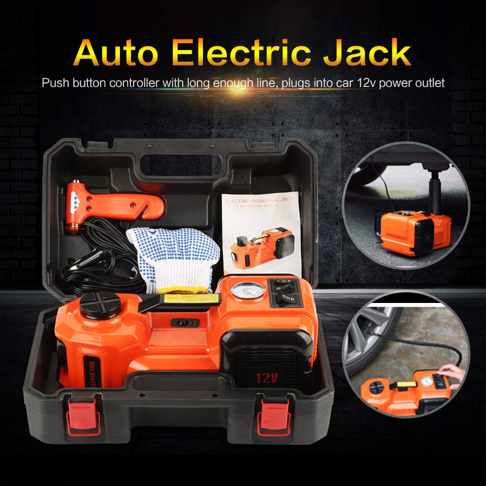 Oumefar 12 V 5 t elektryczny hydrauliczny podnośnik samochodowy trzy funkcje podnośnik samochodowy z pompką i latarką przenośny zestaw narzędzi do naprawy samochodu