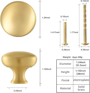 SALISENG Brushed Gold Kitchen Cabinet Knobs -5 Pack Solid Brass Handle for Dresser Drawer,1-1/4 Inch Diameter, Modern Round Cupboard Closet Vanity Pulls - Furniture Hardware for Bathroom Bedroom