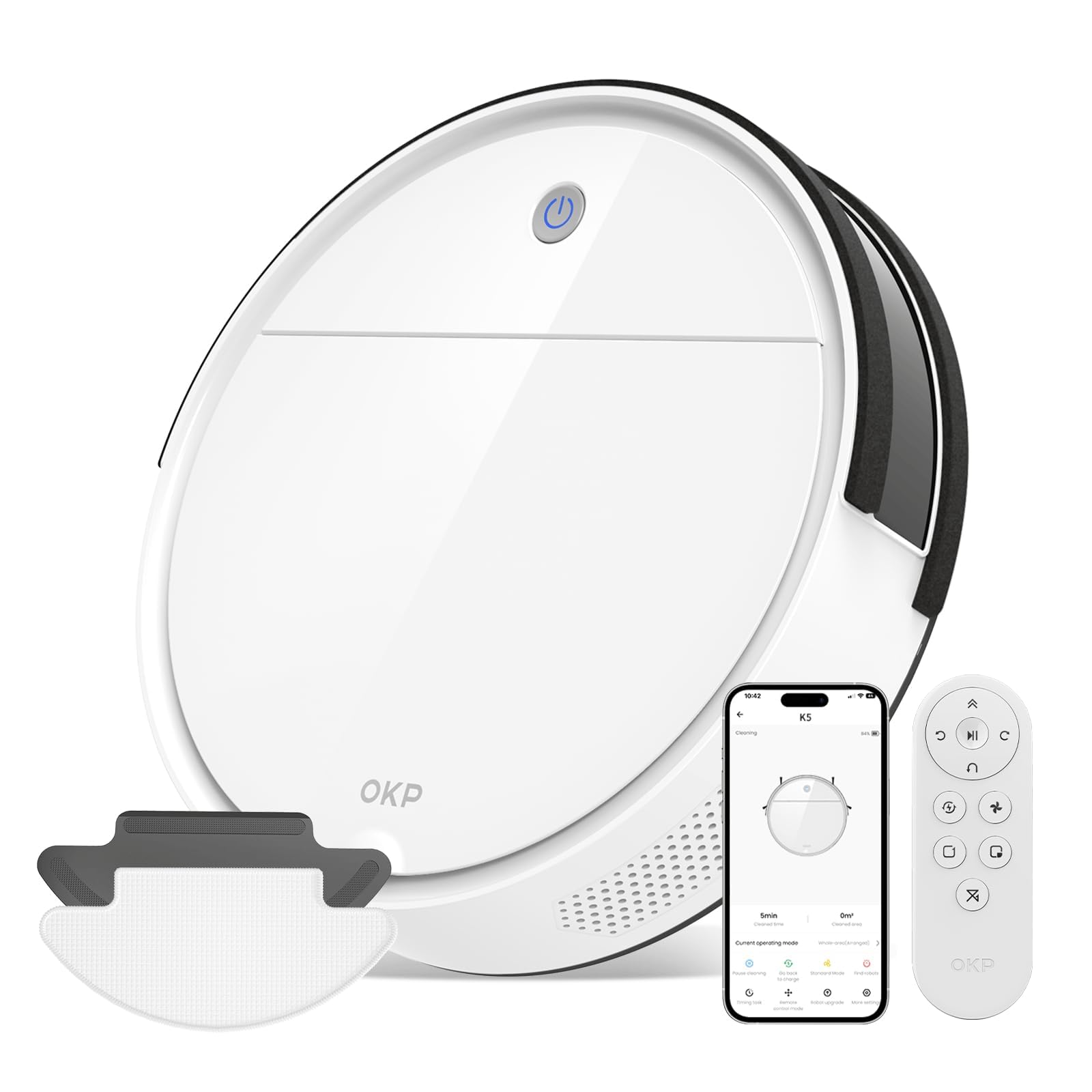 OKP K5 Robot Aspirapolvere con Telecomando, 2500Pa, 120 Minuti, Sottile 7,8 cm, Silenzioso, 4 Modalità Di Pulizia, Compatibile con panni monouso, Wi-Fi/App/Alexa, Ideale per Peli Animali e Pavimenti