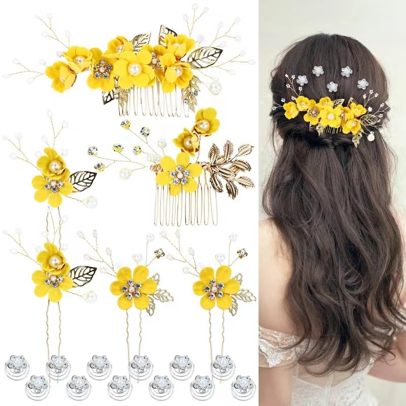 Cinaci 18 Pieces Bridal Wedding Party Prom Pearl Rhinestone Yellow Flower Hair Side Combs Slides+U-shaped Flower Hair Pins+Twist Spiral Hairpins
