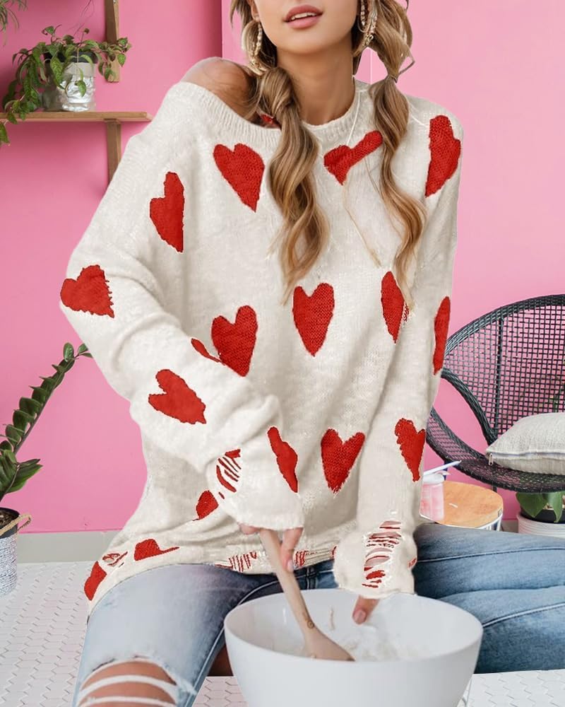 Valentines Heart Sweater for Women Crewneck Long Sleeve Knitted Cute Sweaters Shirts Ripped Hem Red Tops - Image 3