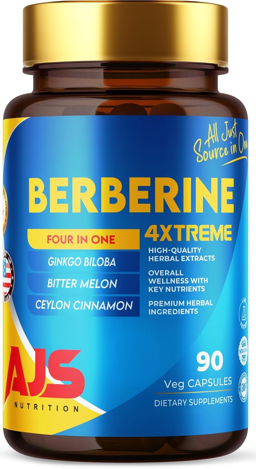 AJS Berberine HCl Supplement with Ceylon Cinnamon Bark, Bitter Melon Fruit 90 Count (Pack of 1)