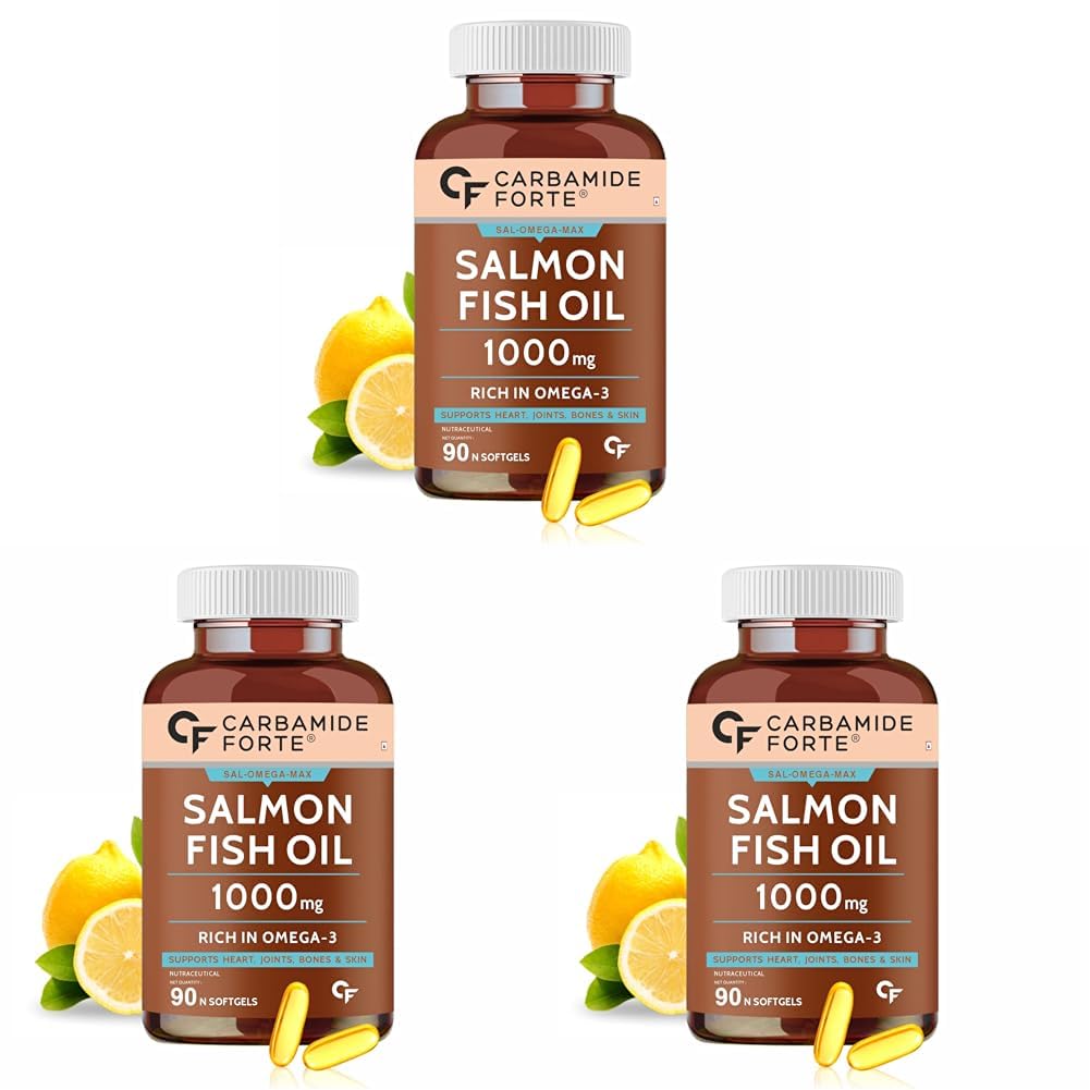Carbamide Forte Salmon Fish Oil Omega 3 Capsule 1000 mg | 90 Softgel Capsules | EPA 180 mg & DHA 120 mg | Supports Heart, Joints, Bones & Skin (Pack of 3)