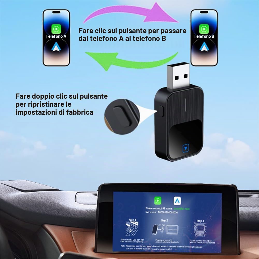 2 in 1 Adattatore Wireless CarPlay - Compatibile con iPhone e Android Wireless Auto, USB/Type-C, MiNi-Stabile con Latenza Zero, Plug and Play, iOS 10+ e Veicoli Abilitati CarPlay