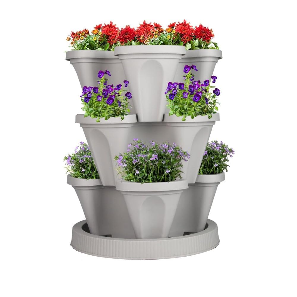 Tour de plantation avec jardinières empilables, jardin vertical à 3 étages pour légumes, fraises, herbes et fleurs, convient pour l'intérieur et l'extérieur (blanc)