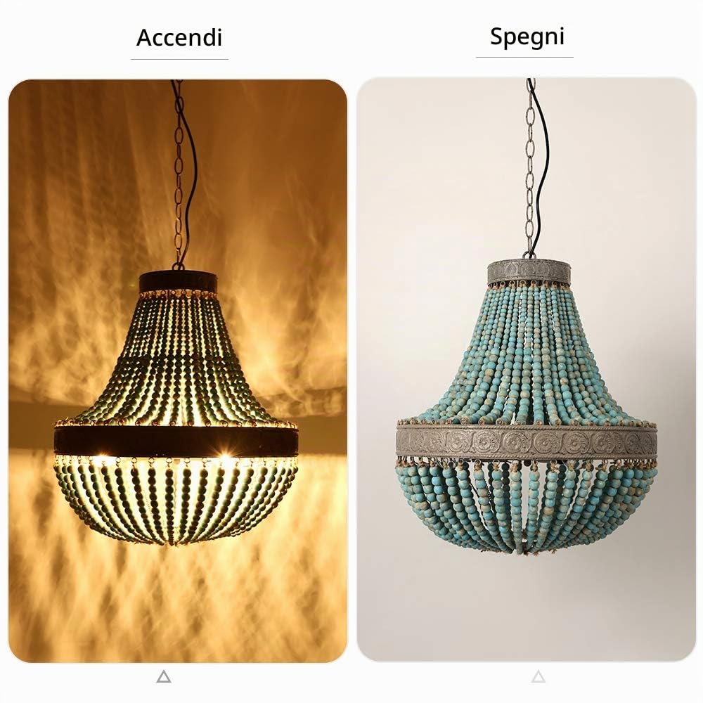 Vintage Antico Blu Bianco Perline in Legno Pendente Lampadario a Tre Luci Finitura Plafoniere