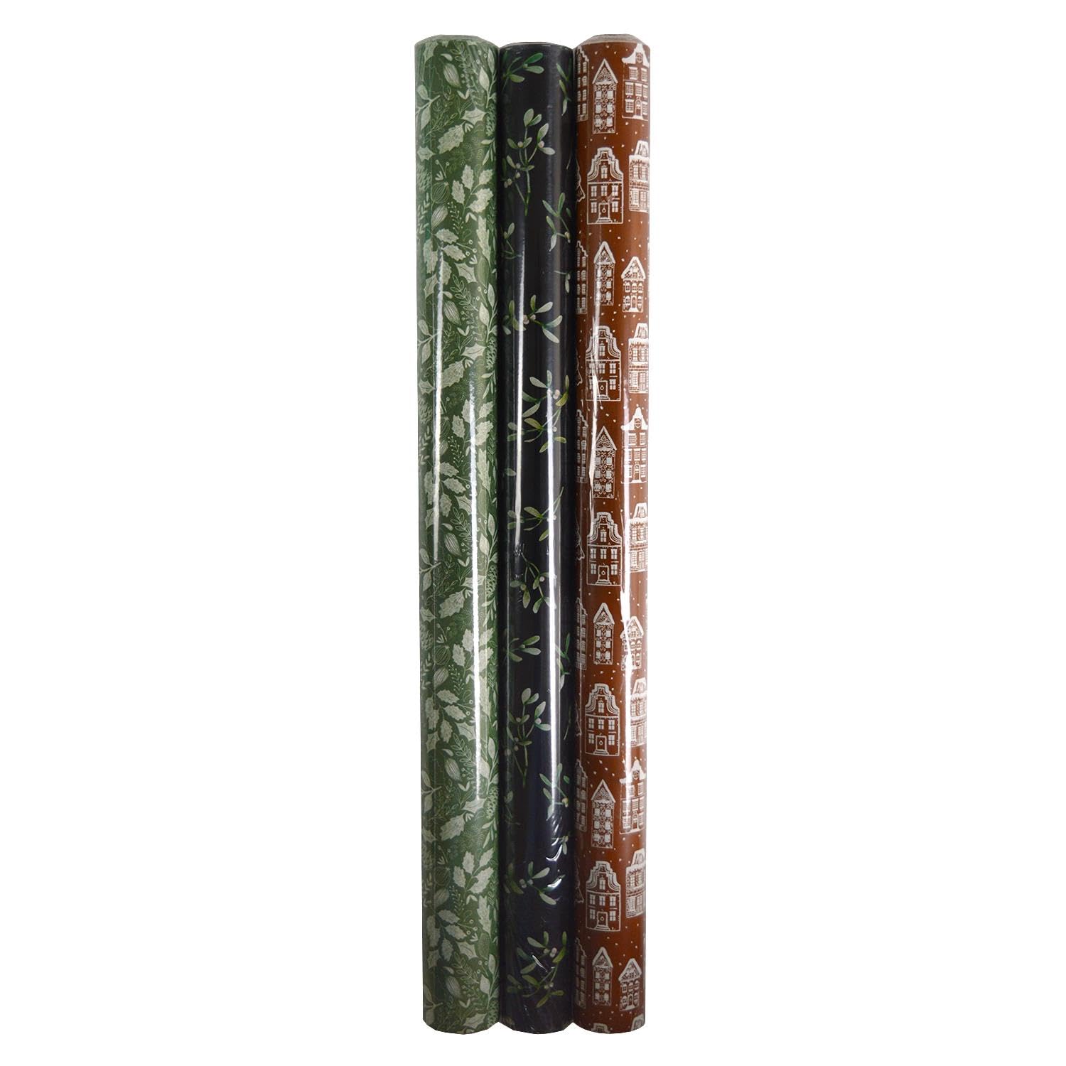 Set of 3 Christmas Wrapping Paper Rolls Green Holly Black Mistletoe Gingerbread 20m x 70cm
