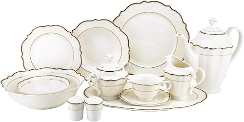Euro Porcelain Juego de vajilla de banquete de 57 piezas, vajilla de porcelana de hueso de lujo, servicio para 8 (6664-3) 6664-20