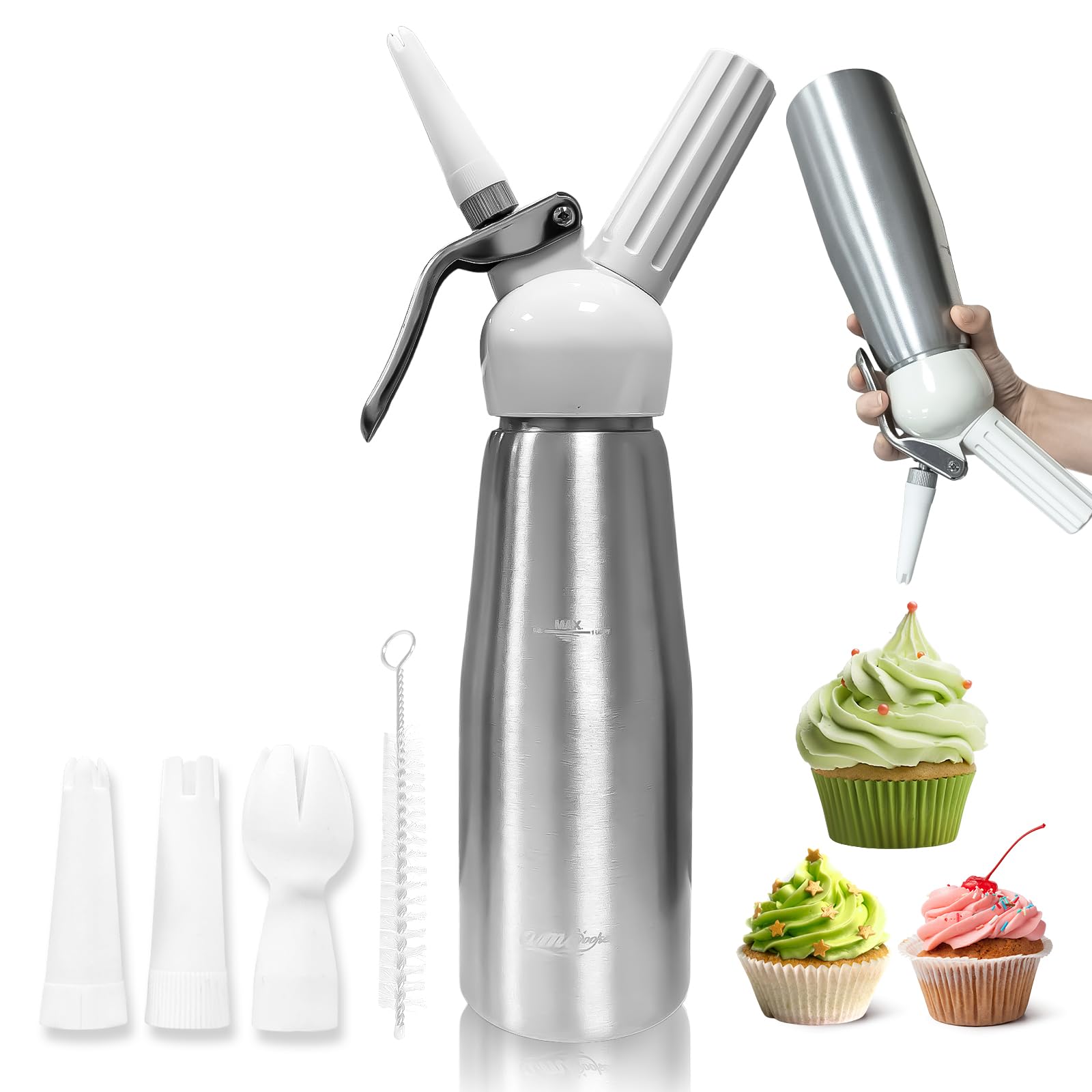Sahnespender, Sahnesyphon, Sahnespender Edelstahl 500mL, Espuma Flasche, für Sahne, Mousses, Desserts, Schlagsahne, Cocktails, Kaffee Dekorationen, Inklusive 3 Düsen + 1 Reinigungsbürste