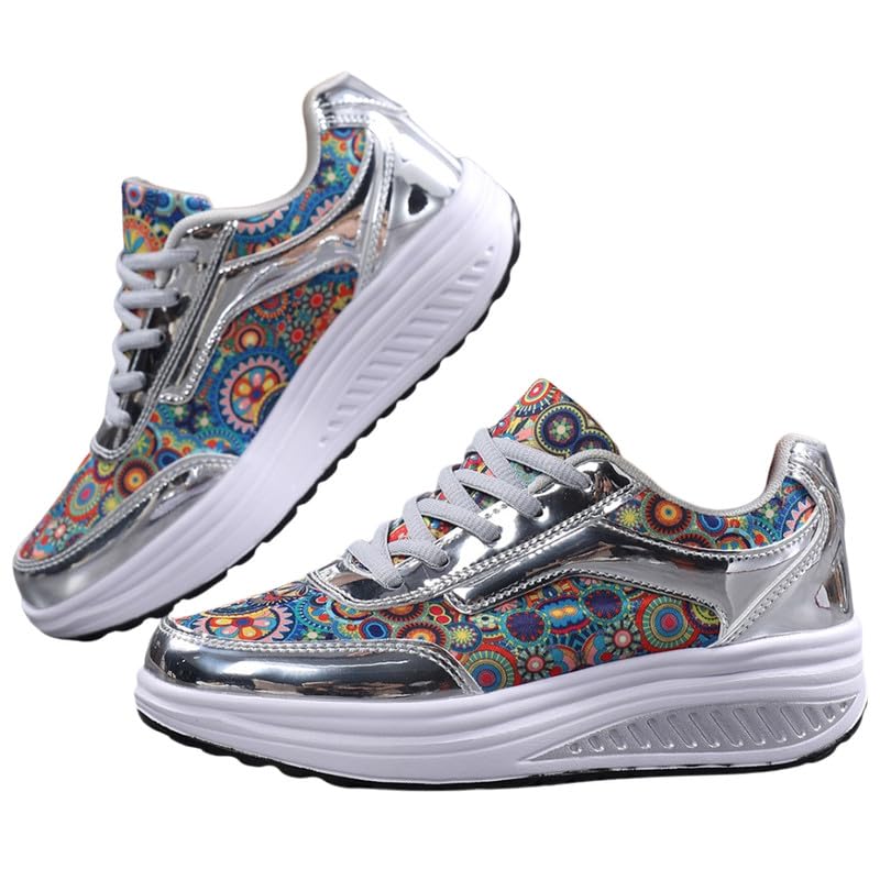 Women's Thick Sole Heightening Shoes | Printed Pattern Shiny Mesh Sports Footwear-image-19