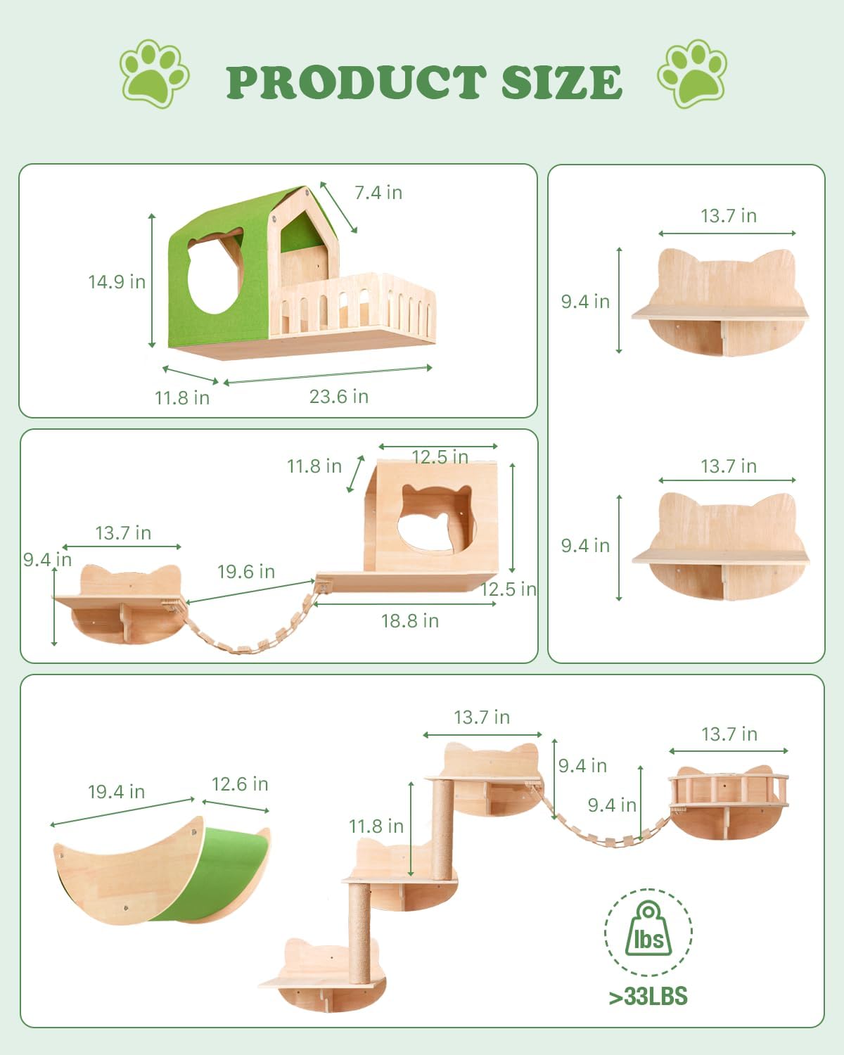 Cat Wall Shelves, 16 in 1 Cat Wall Furniture with Green Wall House, Bridge, Steps, Climbing Post & Scratching Pad Modular Wall Mounted Cat Playground for Large Spaces & Multi-Cat Homes