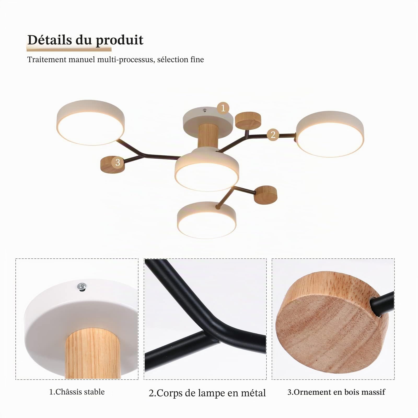 Plafonnier LED 4 têtes 36W Blanc Chaud 3000K Bois Ø66cm Salon Cuisine Salle à Manger