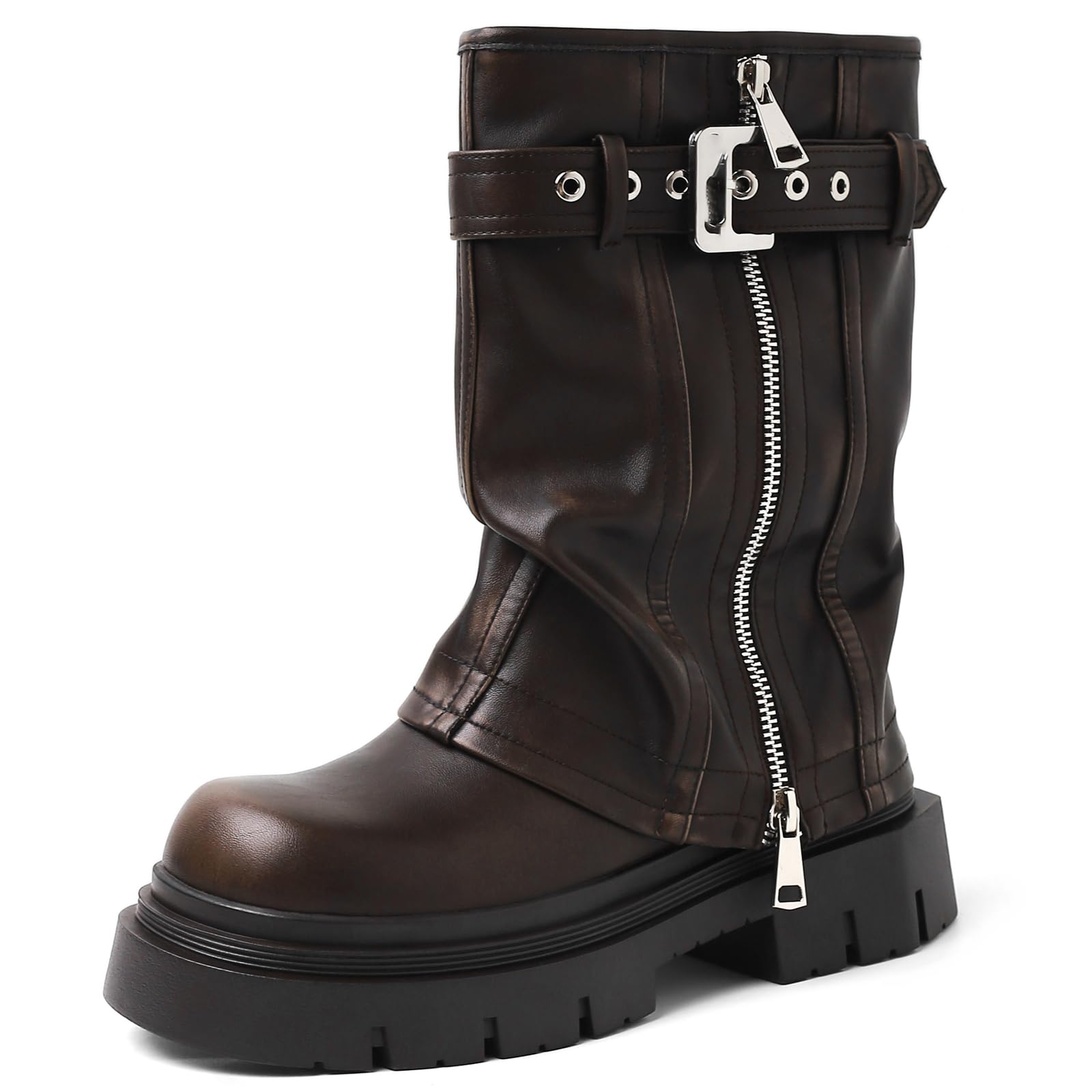 YIYA Womens Platform Fold Over Biker Mid Calf Boots Belt Buckle Square Toe Chunky Heel Zipper Short Motorcycle