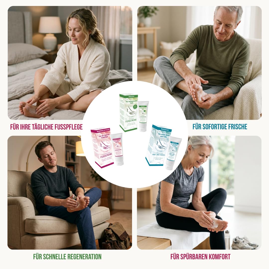 FußKomfort Fußpflegeset 3-teilig – Fußcreme & 20% Urea Creme gegen Hornhaut + Kühlendes Bein- & Fußgel mit Menthol – Intensive Pflege für trockene Füße, rissige Haut & müde Beine – 3x100 ml