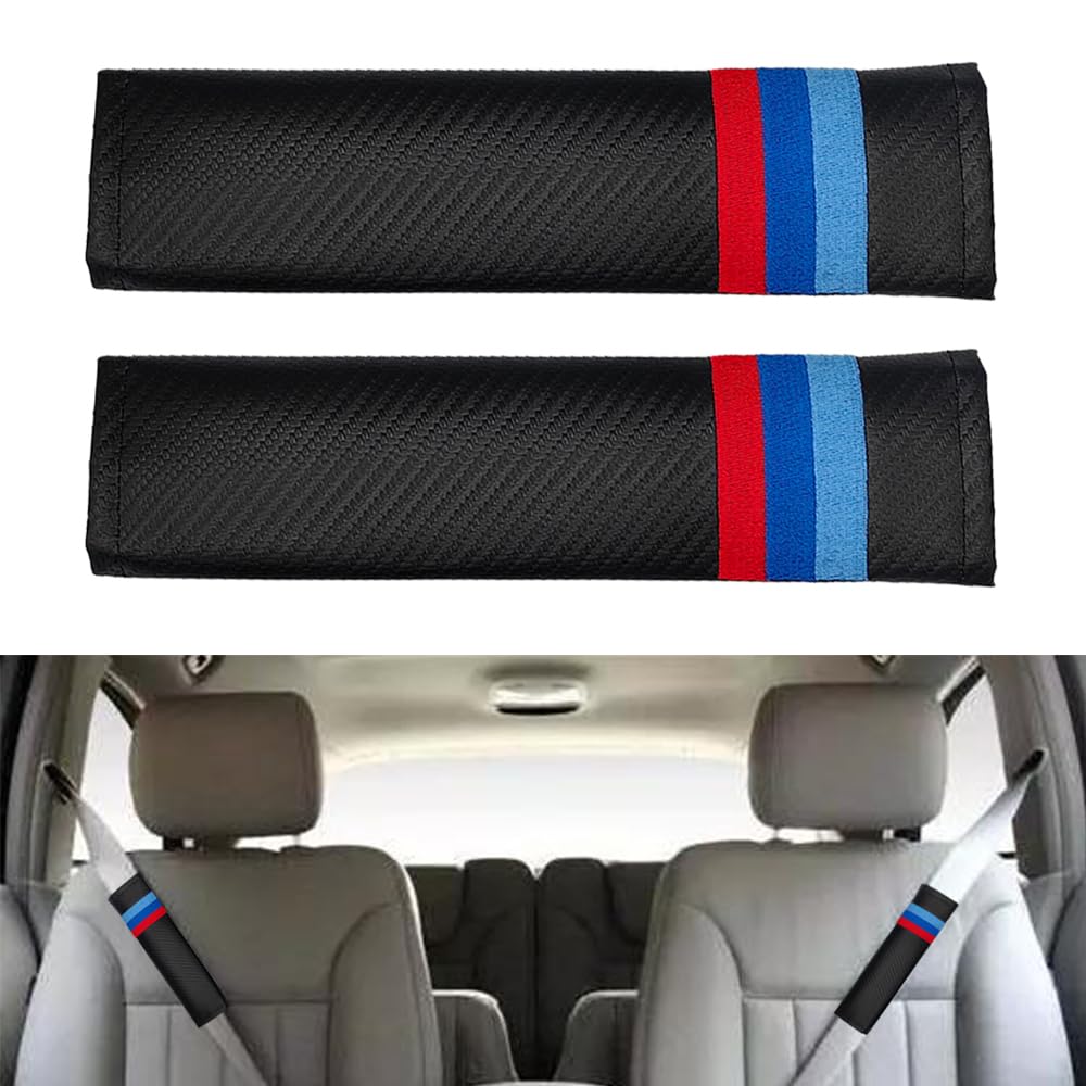 2Pcs Tri-Color 3 Color Sport Seat Belt Cover Shoulder Pad Carbon Fibre Leather Car Seat Belt Pads Safety Belt Shoulder Protector Accessories Compatible with All Car.