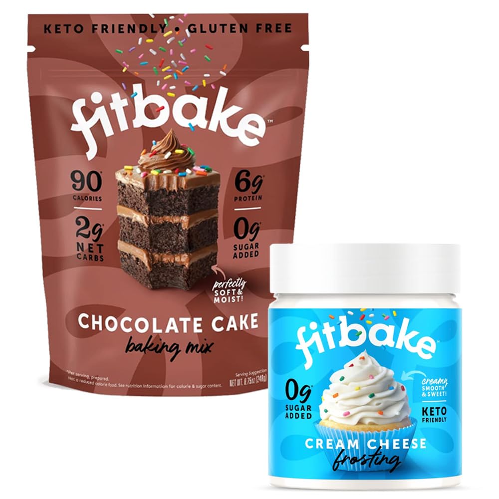 FitBakeChocolate Cake Baking Mix and Cream Cheese Frosting Bundle | 0g to 2g Net Carbs Per Serving | Keto Friendly Low Carb Food | Gluten Free Desserts | No Added Sugar