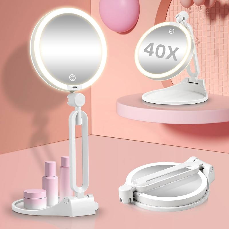 Espelho de maquiagem com luz Suupvaor, dupla face 1X/40X, dobrável, com cabo USB-C