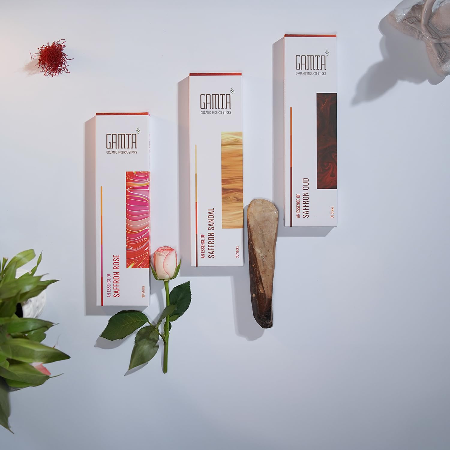 Gamta Organic Incense - Saffron Symphony Agarbatti for Pooja - Pack of 3-90 Sticks 24cm - Lasts 60 mins - Charcoal Free Incense Stick - Agarbatti Stick Made of Panchagavya - Freshness & Meditation 4