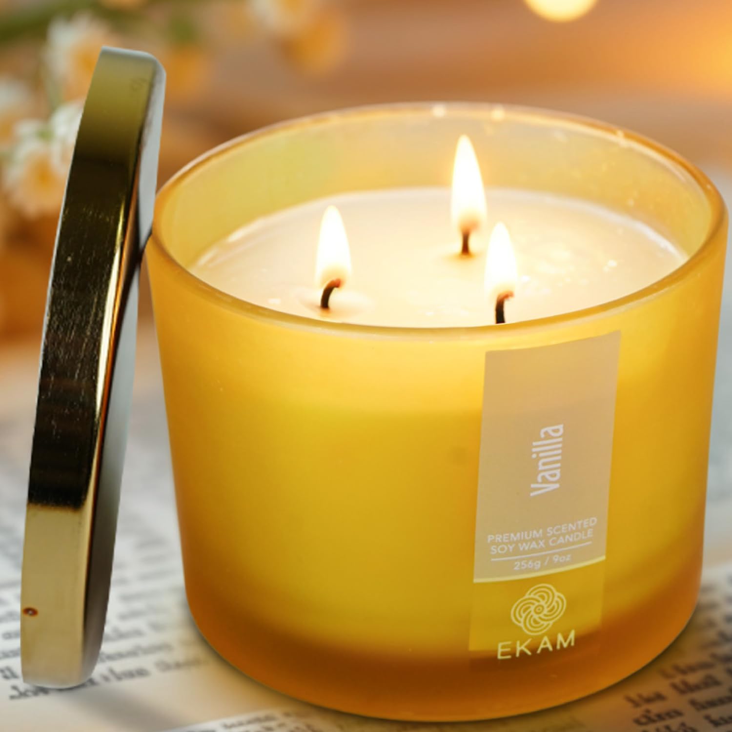 EKAM 3 Wick Soy Wax Scented Candle | Vanilla Fragrance | 35 Hr Burn | Long Lasting Premium Jar Candle for Home Decor, Relaxation & Gifting
